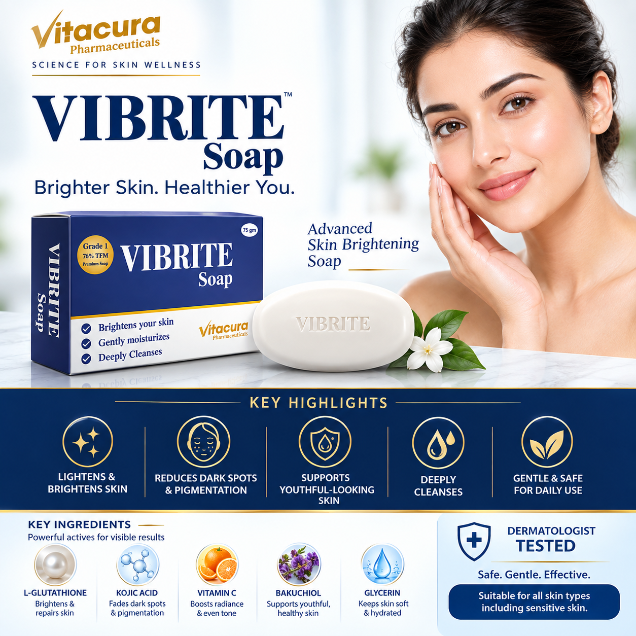 Vibrite Soap with L-Glutathione, Kojic Acid, Vitamin C & Bakuchiol | Brightening & Cleansing Soap for Dark Spots & Uneven Skin Tone | For Men & Women