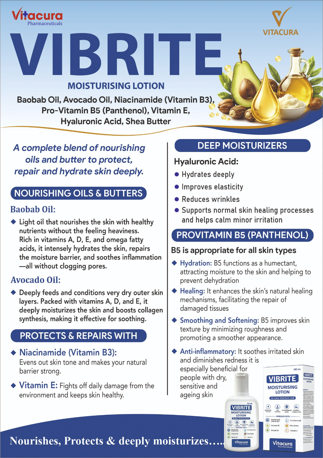 Vibrite Moisturising Lotion with Baobab Oil, Avocado Oil, Niacinamide, Vitamin E, Hyaluronic Acid & Panthenol | Deep Hydration & Skin Barrier Care | For Dry, Sensitive & Dehydrated Skin - Image 5